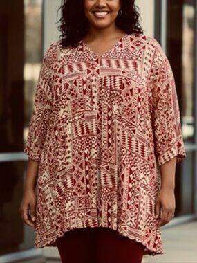 Handmade OOAK 3XL knit tunic top dark red/cream geometric print